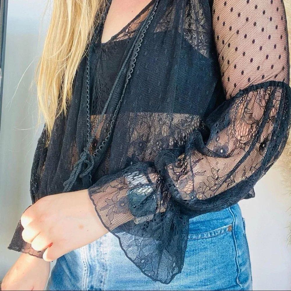 Free People Long sleeve semi sheer black lace blouse w ruffles at wrist - Picture 9 of 9